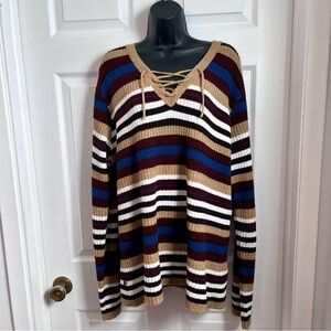 Vintage Saint Germain Des Pres Sweater Knit Pull Stripped V-Neck Tie XL Women